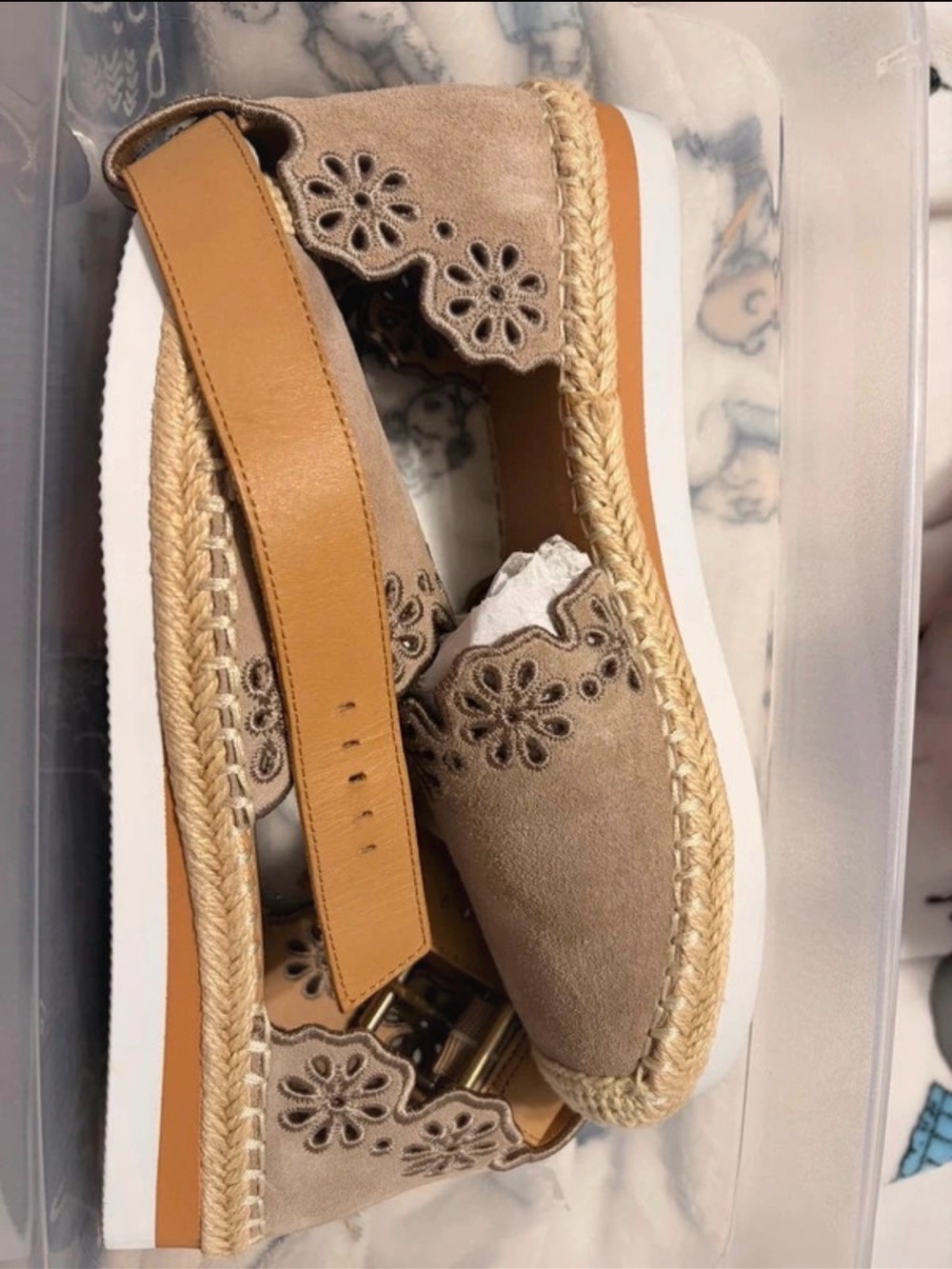 Beige Suede Floral Espadrille Platform Sandals - Women
